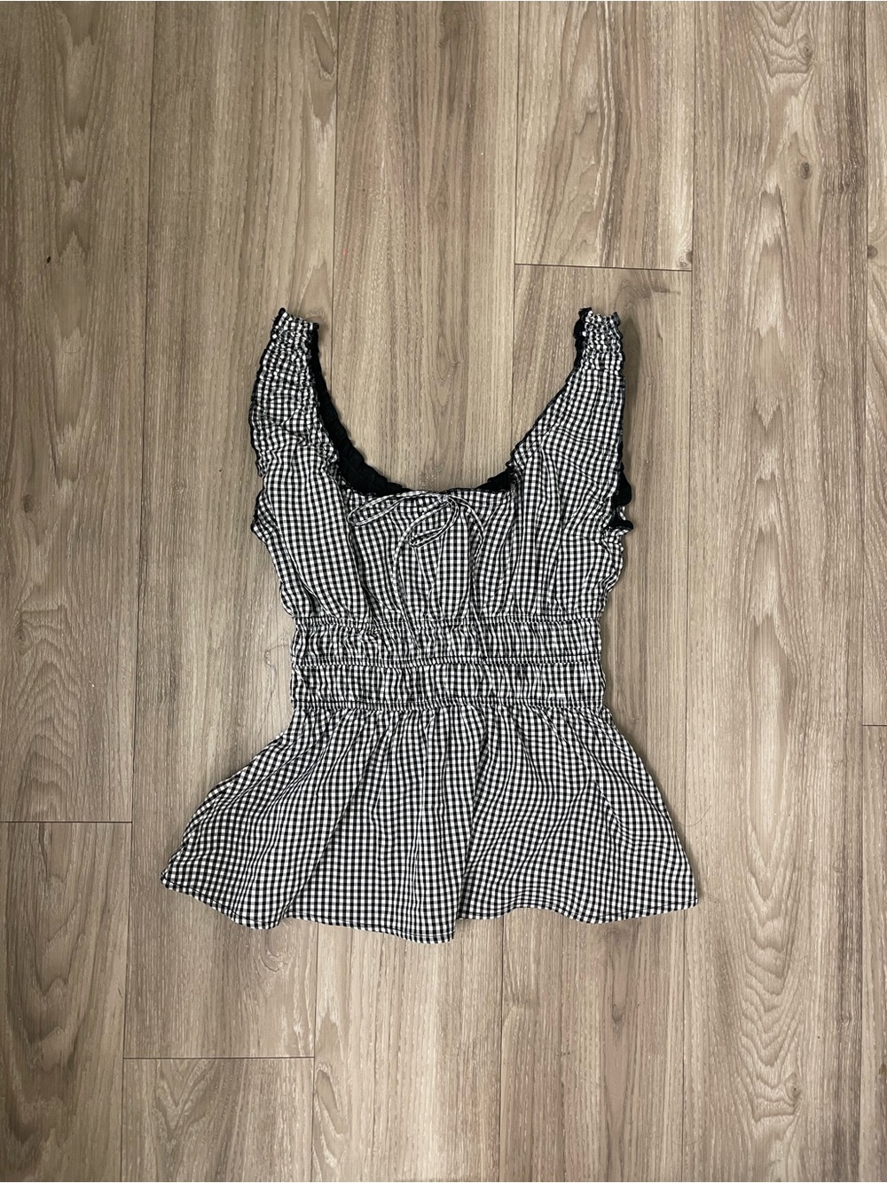 Smocked Gingham Tank Top - Black & White